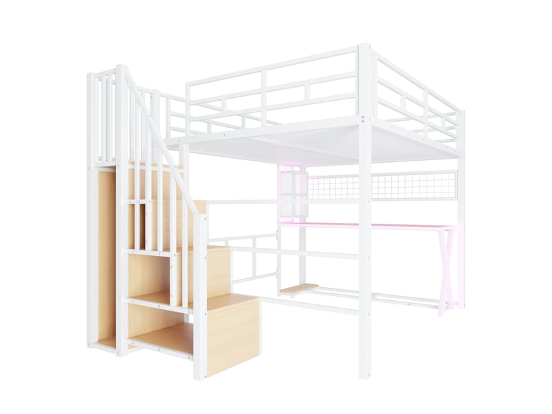  Lit mezzanine enfant 160x200cm en métal avec bureau,armoire et led,lit superposé double avec échelle de rangement,barrières,sans matelas,blanc  - Conforama D