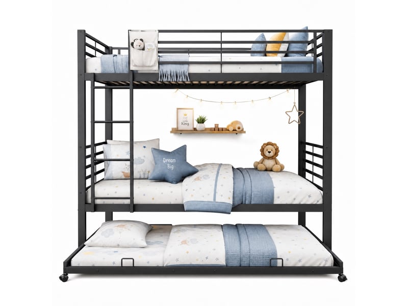  Lit superposé avec lit gigogne tcqpz 90 x 200 cm 3 couchages métal noir  - Conforama A