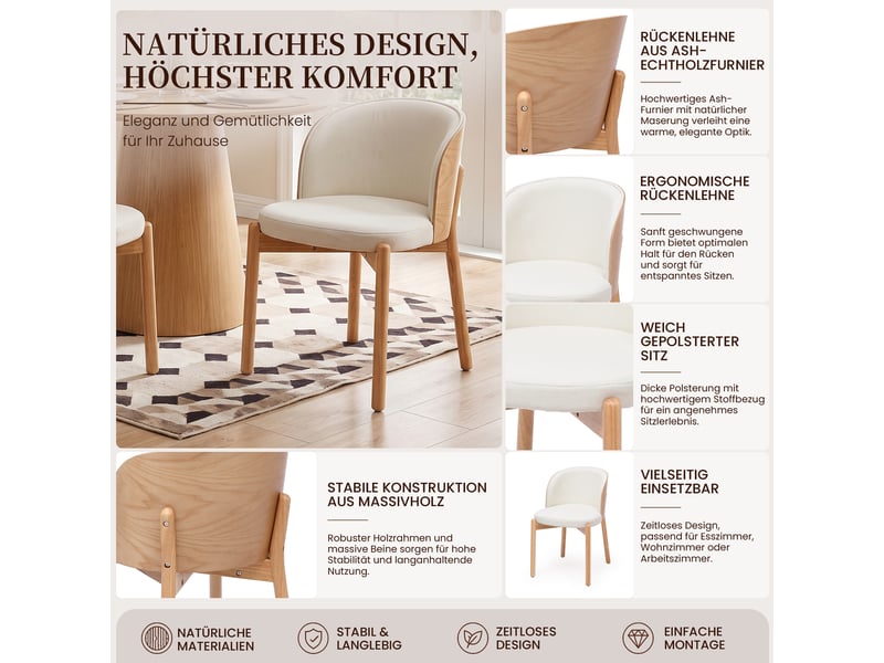  Chaises de salle à manger lot de 6 à dossier enveloppant  - structure en bois massif, lin - naturel  - Conforama E