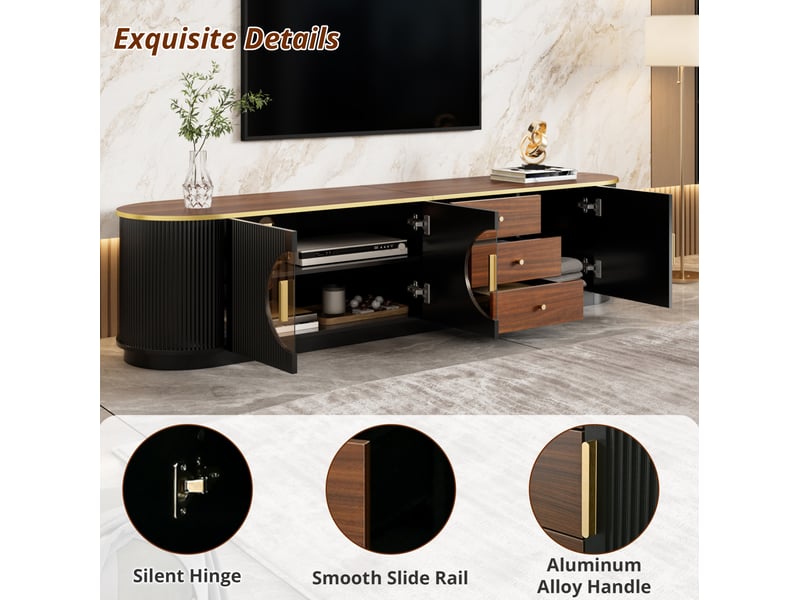 Meuble tv avec 3 tiroirs, 3 portes, passe-cables integre, mdf noir et verre brun, 180x40x46 cm  - Conforama W
