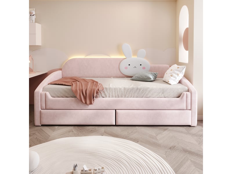  Lit banquette enfant 90 × 200 cm, 2 tiroirs, coussin lapin, côtés rembourrés, led, sommier à lattes, velours rose  - Conforama D