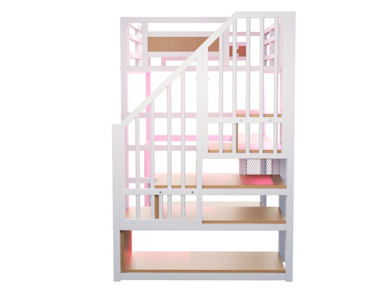  Lit mezzanine 90x200 cm en métal avec led, prise, escalier de rangement, bureau et étagères, blanc Fay Lum - Conforama W