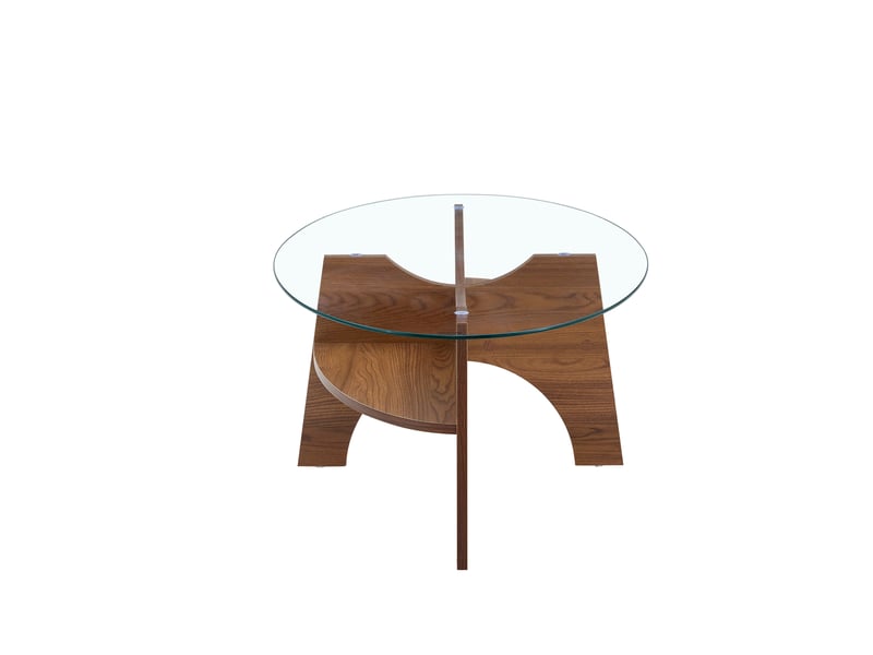  Table basse ovale avec plateau en verre sécurit et étagère de rangement - lpospi - structure à compartiments, mdf et verre transparent noyer  - Conforama A