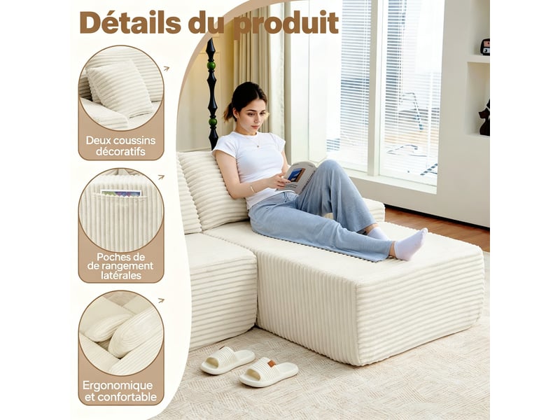  Canapé d’angle modulaire en velours, canapé bas haut de gamme, rembourré mousse, droite, chambresalon, 79x239x156 cm, beige  - Conforama E