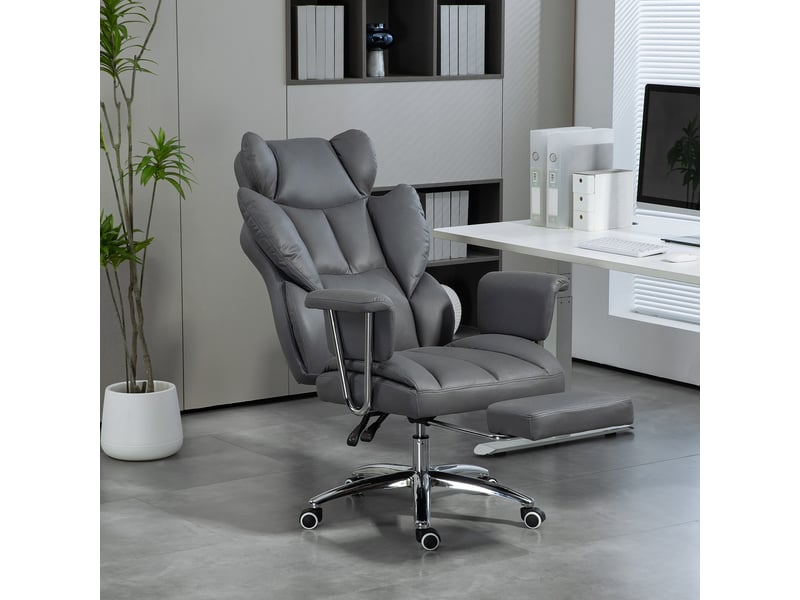  Fauteuil de bureau ergonomique, rembourré, avec repose-pieds, dossier réglable, pivotant à 360°, gris foncé  - Conforama D