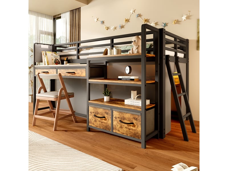  Lit mezzanine enfant 90x200cm avec bureau, lit surélevé avec tiroirs en tissu, étagères ouvertes, rideau et led multicolore, structure en métal, noir Seren Glow - Conforama B