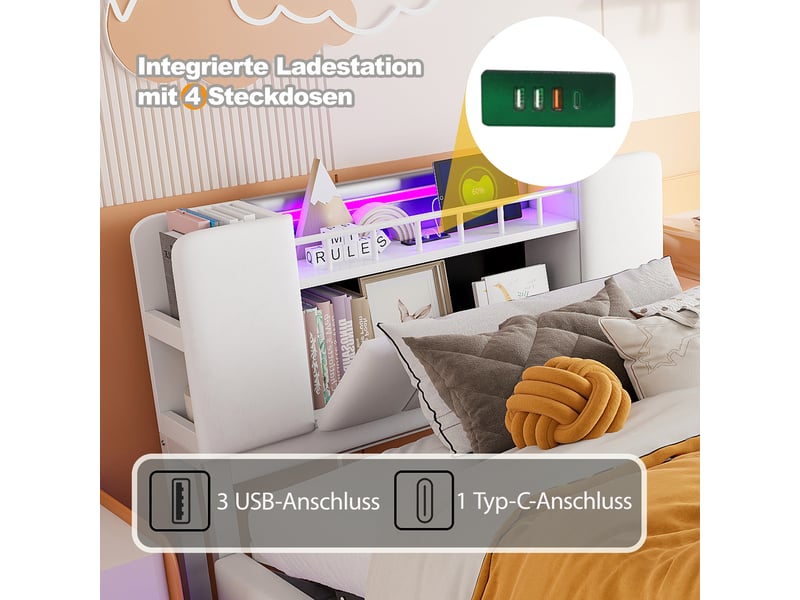  Lit capitonné enfant 90 x 200 cm beige avec led, usb, coffre hydraulique et tissu velours pour chambre  - Conforama E