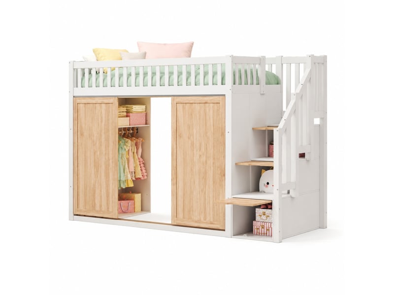 Lit mezzanine enfant 200×90 cm avec armoire, escalier de rangement et éclairage multicolore, sans matelas, blanc et chêne - Conforama A