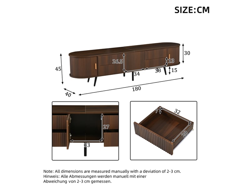  Meuble tv ovale 180x40x45 cm, noyer, aggloméré, jusqu'à 80 pouces, bas à poser, meuble de salon, 4 tiroirs et 3 portes  - Conforama C