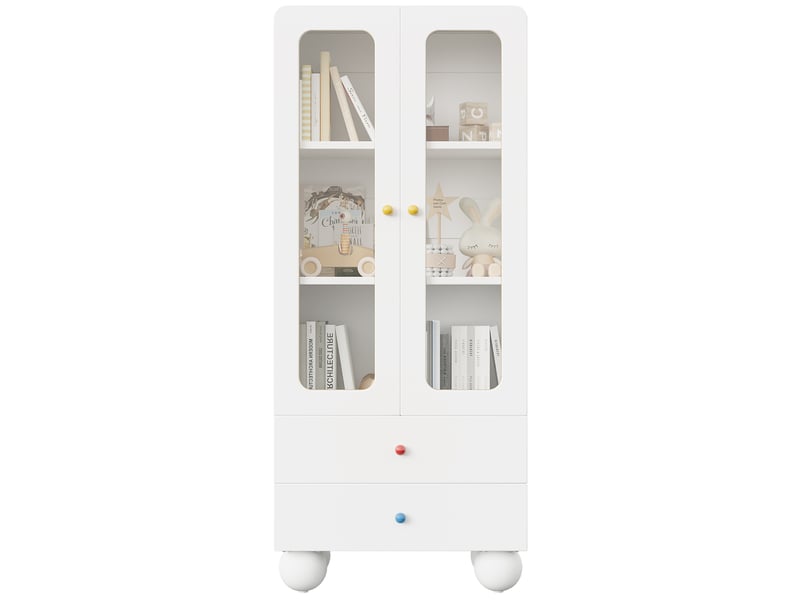  Vitrine enfant 60 x 35 x 140 cm, bibliothèque avec tiroirs, rangement multifonction et pieds boule, poignées céramique colorées, blanc ABC - Conforama A