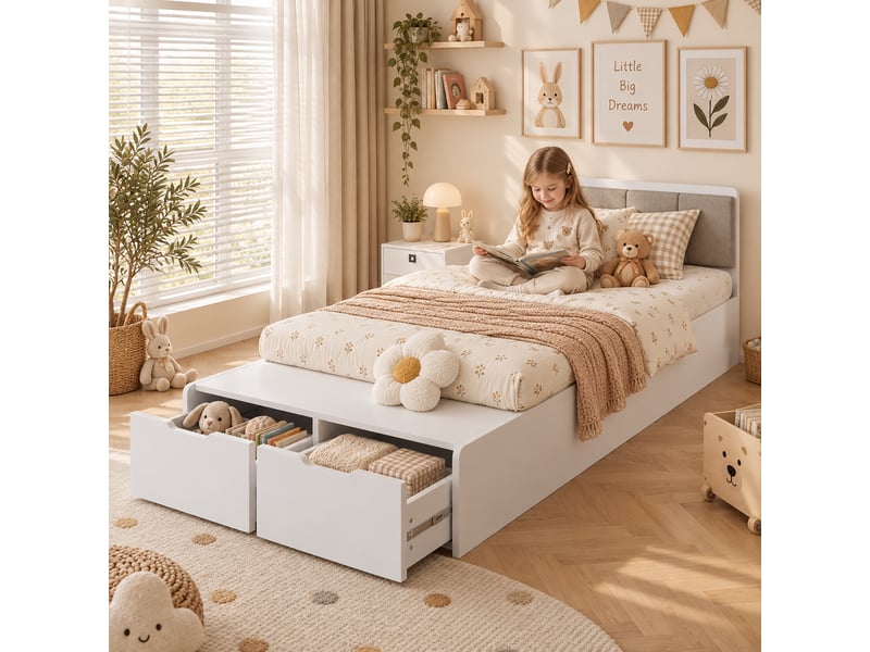 Lit enfant 90x200 cm en bois avec tête de lit rembourrée, banquette au pied du lit et 2 tiroirs de rangement, lit ado blanc - Conforama B