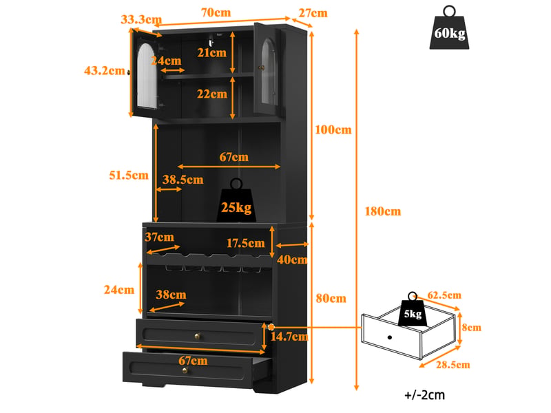  Buffet haut avec portes en verre, led, porte-bouteilles, noir, 140 x 40 x 180 cm  - Conforama C