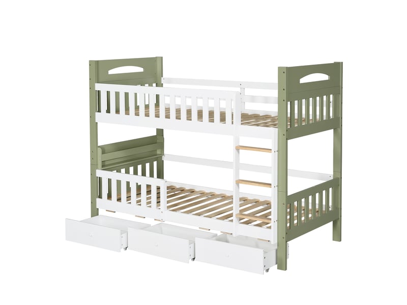  Lit superposé enfant 90 x 200 cm blanc et vert, avec 3 tiroirs, étagère latérale et échelle en bois  - Conforama D