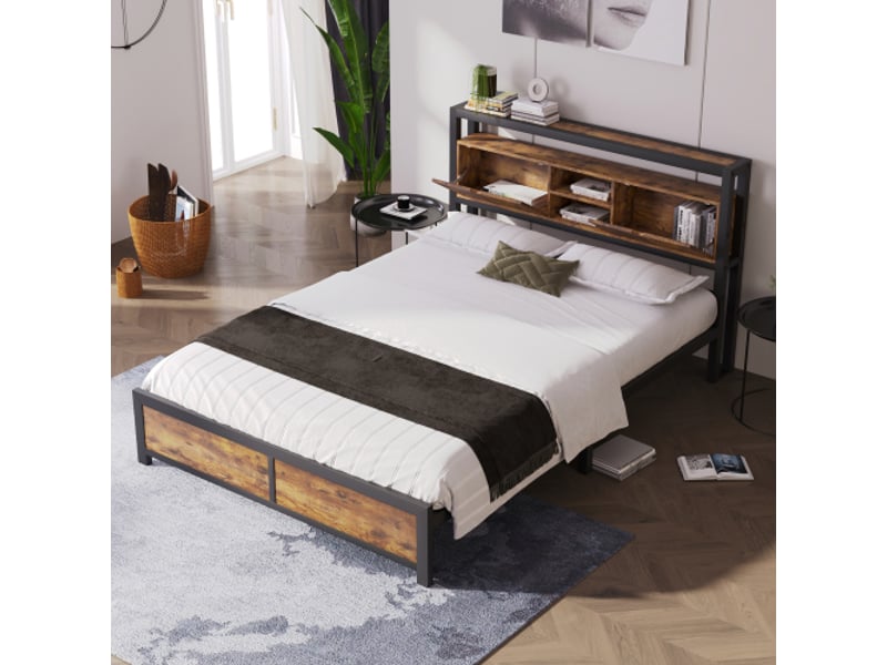  Lit en métal 140x200cm avec tête de lit rangement et sommier à lattes, noir  - Conforama A