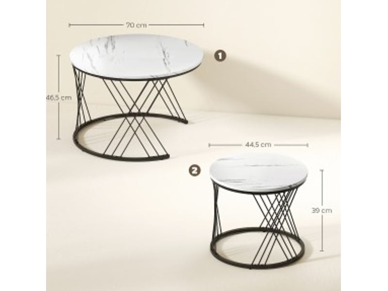  Tables basses gigognes ulevr rondes effet marbre blanc, lot de 2, ø 70 et ø 44,5 cm, panneaux de particules et métal  - Conforama C