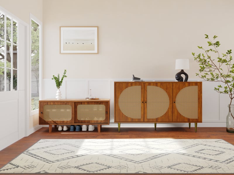  Ensemble buffet en rotin et meuble à chaussures, rangement couleur noyer pour salon  - Conforama C