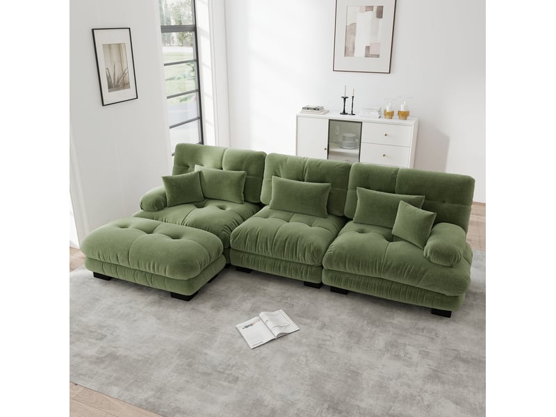  Canapé d'angle modulaire 313x145x81 cm 3 places avec ottomans mobiles chenille vert  - Conforama C