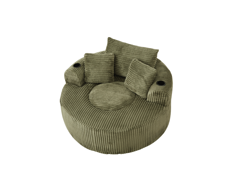Canapé lounge rond 1 place 142.00×142.00×85.00 cm en velours côtelé avec porte-gobelets et poches latérales vert chicfurn - Conforama A