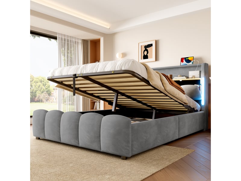  Lit rembourré 140 x 200 cm sans matelas, led, coffre hydraulique, tête avec rangement, usb et type-c, velours gris  - Conforama D