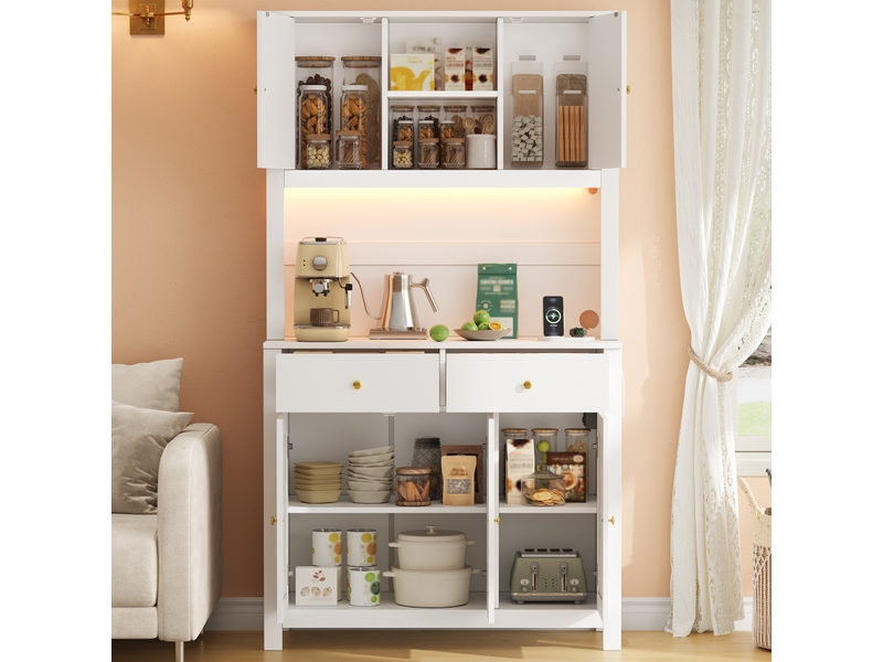 Buffet de cuisine 100x40x180 cm avec led rgb, portes en rotin, blanc  - Conforama D