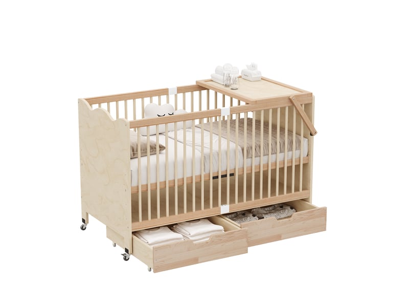 Lit bébé multifonction 70x140 cm - lit à barreaux en pin massif avec table à langer, tiroirs et roulettes - bois naturel - Conforama A