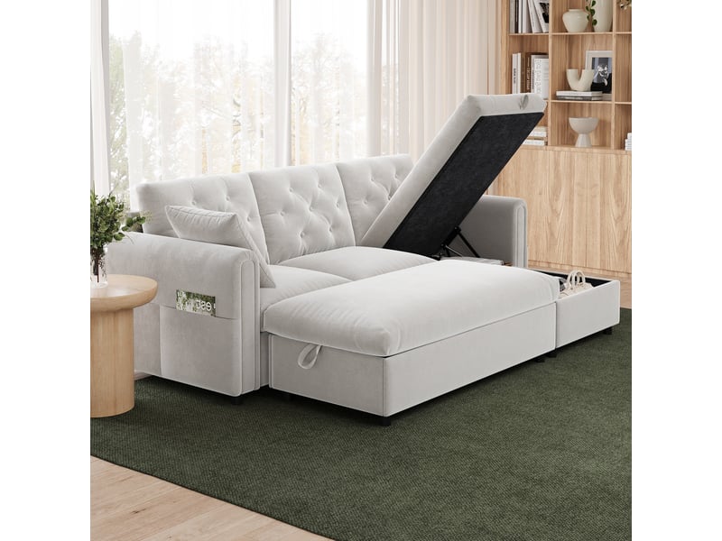 Canapé d'angle 3 places, convertible avec méridienne réversible, tissu beige avec coffre de rangement et pouf pour salon - 219x131x86 cm - Conforama D