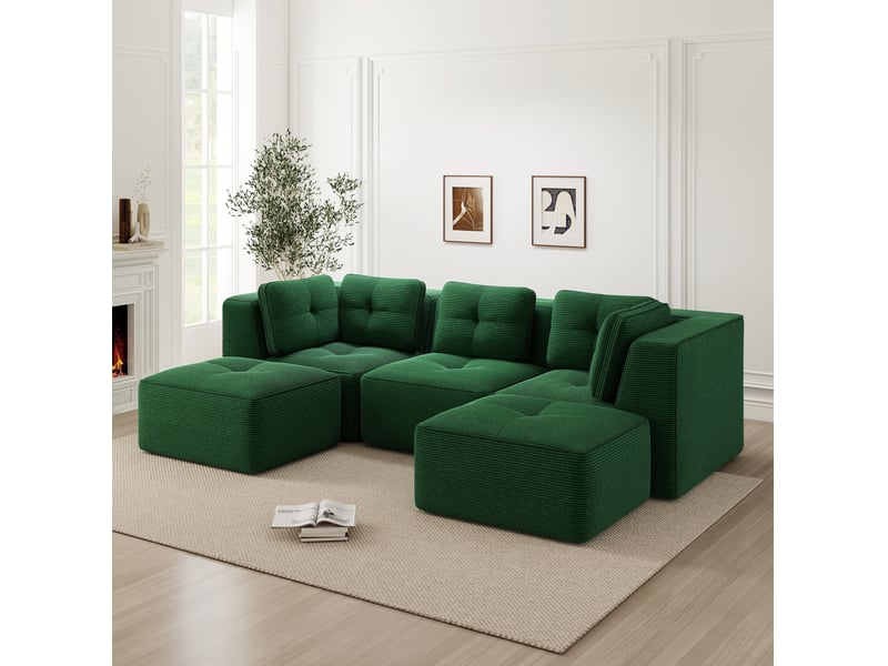  Canapé d'angle modulaire 3 places avec ottomane en velours côtelé vert  - Conforama B