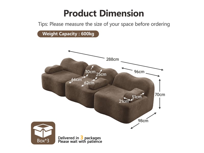  Canapé modulaire 3 places avec assise profonde et modules flexibles en velours marron pour salon  - Conforama E