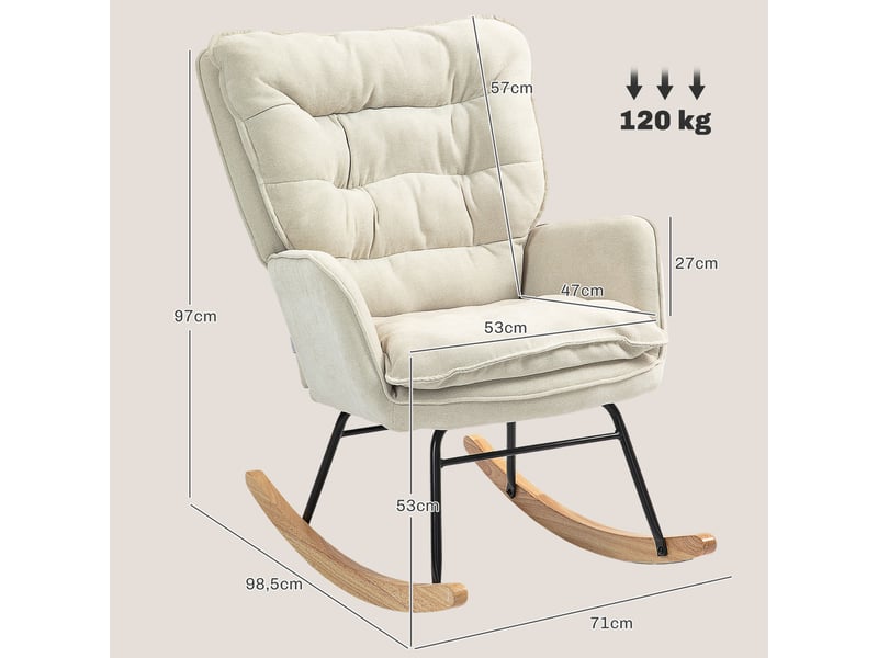  Fauteuil à bascule, chaise à bascule, rocking chair, chenille (100% polyester), 98.5x71x97cm, beige  - Conforama E