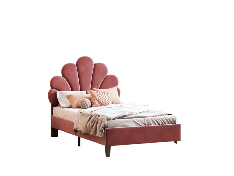 Lit simple pour enfant 90x200 cm - lit avec tête de lit fleur et sommier à lattes - velours + mdf + métal - sans matelas - rose - Conforama A