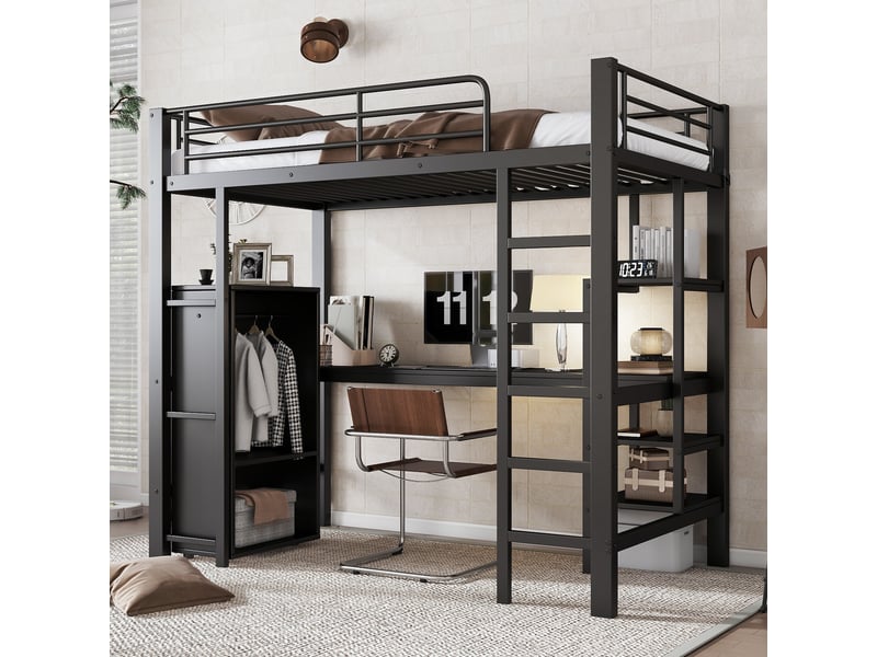  Lit mezzanine enfant simple 90×200 cm bureau, armoire et étagères  - sans matelas métal et mdf noir  - Conforama C