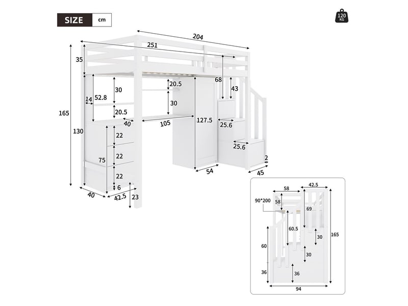  Lit mezzanine enfant 90x200 cm, bureau, armoire, escalier avec rangements, sommier à lattes, bois et mdf blanc sans matelas  - Conforama C