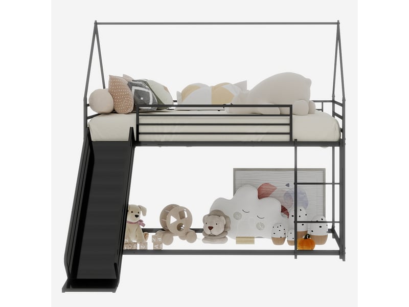 Lit superposé 90x190 cm forme maison avec toboggan, métal, noir, sans matelas - Conforama D