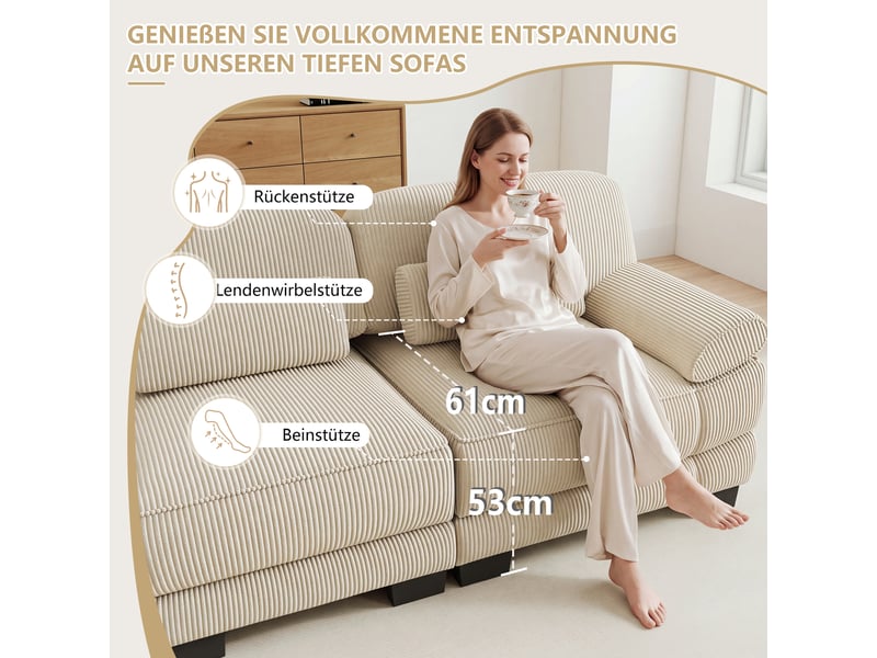 Canapé modulable 3 places en velours côtelé beige, assise profonde, coussin lombaire inclus, 265×88,5×94 cm - Conforama D