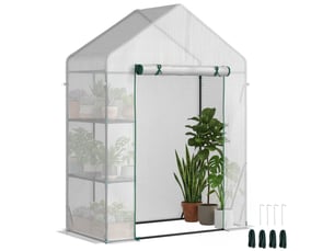 Serre de jardin extérieure en pe et acier avec 2 étagères et porte enroulable, 143 x 73 x 195 cm, blanche