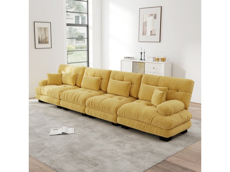  Canapé d'angle modulaire 4 places avec assise profonde et coussins, pour salon, en chenille jaune  - Conforama D