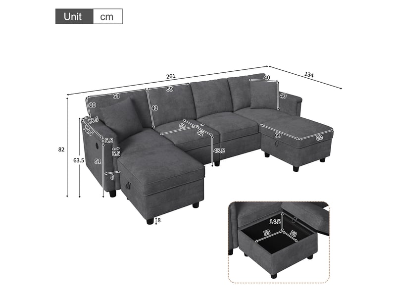  Canapé modulable 261x134x82 cm avec 2 poufs de rangement et 2 coussins décoratifs gris  - Conforama E