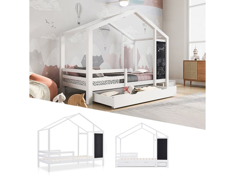  Lit cabane enfant 90x200 cm - lit en bois avec tableau et grands tiroirs de rangement - sans matelas - blanc  - Conforama D
