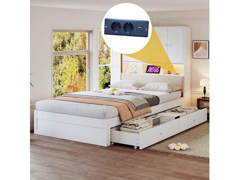 Lit simple multifonction 90x200 cm, tête de lit rembourrée, led, prise, tiroirs, sommier, bois, blanc, sans matelas - Conforama E