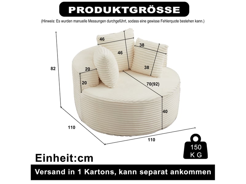  Fauteuil simple - 110x110x82cm - fauteuil crapaud pivotantfixe en velours côtelé avec 3 coussins &amp; accoudoirs larges - beige  - Conforama D