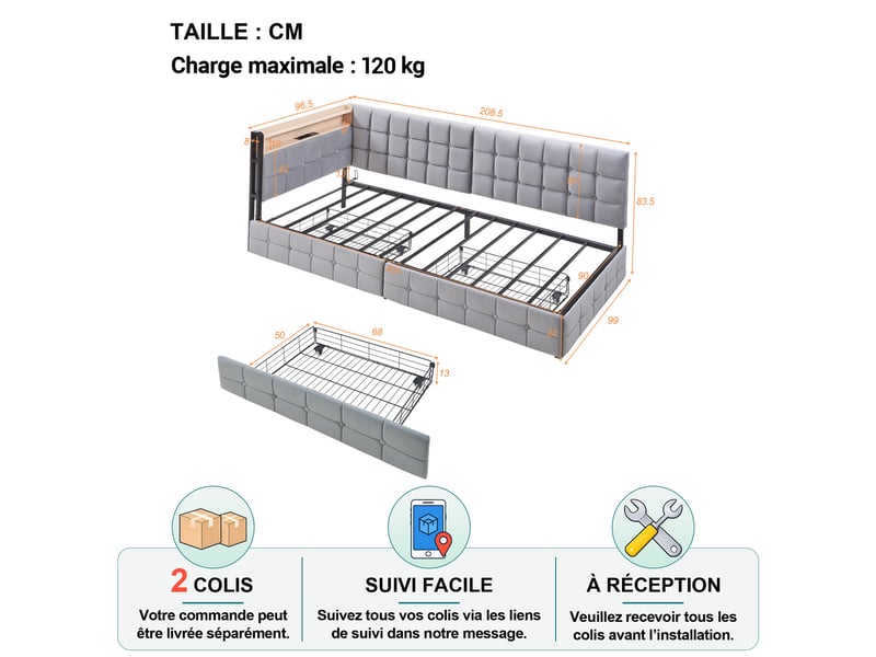  Lit banquette simple 90×200 cm, 2 tiroirs, led réglable, usb et type-c - okmyhome- gris, sans matelas  - Conforama D
