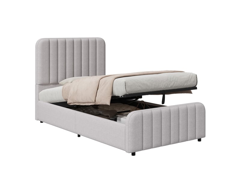  Lit coffre 90x200 cm, avec levage hydraulique et sommier à lattes, en lin, gris, sans matelas  - Conforama A