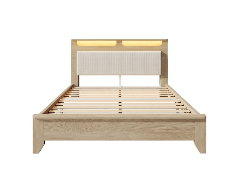  Lit double 160x200 cm en bois, tête de lit velours beige, rangements et led, chêne clair, avec matelas  - Conforama D