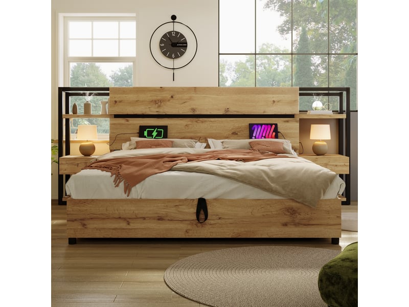  Lit coffre 180x200 cm avec tête de lit rangement et prises usb type c chêne mdf et métal evarich - Conforama D