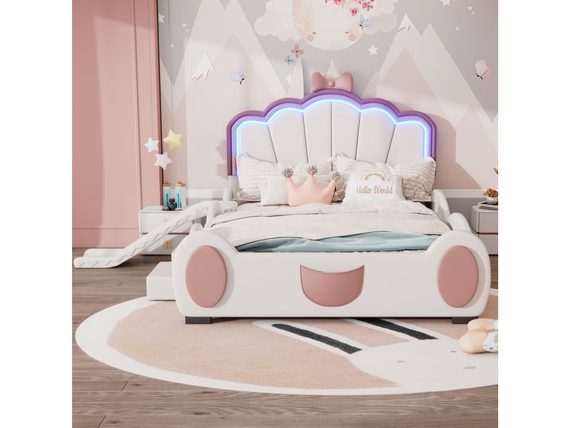  Lit enfant 140x200 cm avec toboggan, escalier et led coloris rose et blanc  - Conforama E
