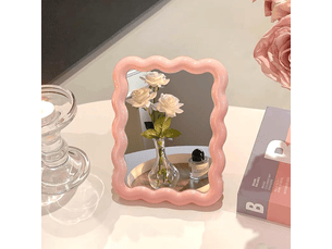 Miroir de maquillage pour coiffeuse à plateau ondulé, joli miroir de voyage, 17 × 13,5 cm, décoration d'intérieur (rose)