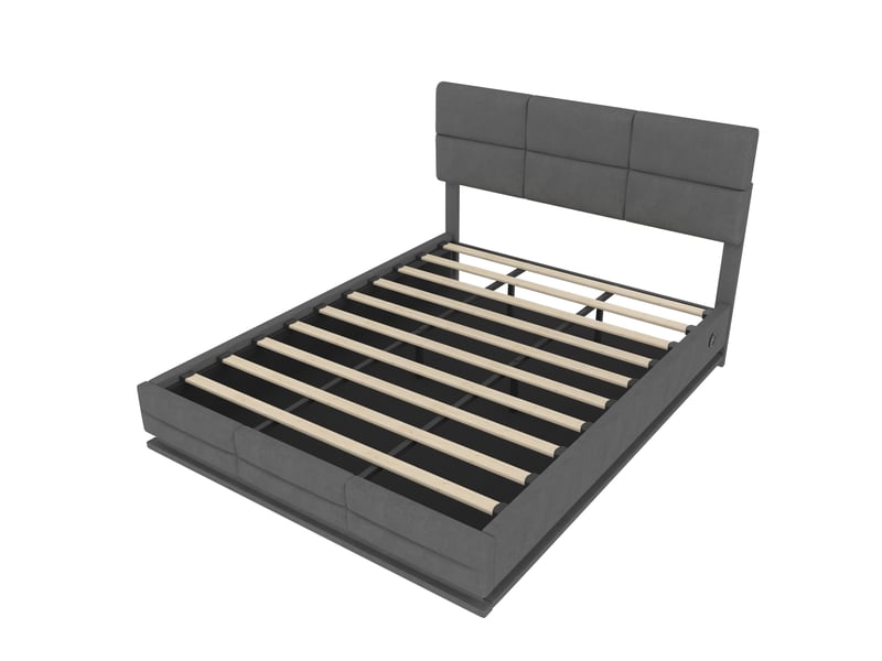  Lit coffre 180x200 cm avec led, usb type-c, en velours gris foncé, sans matelas  - Conforama D