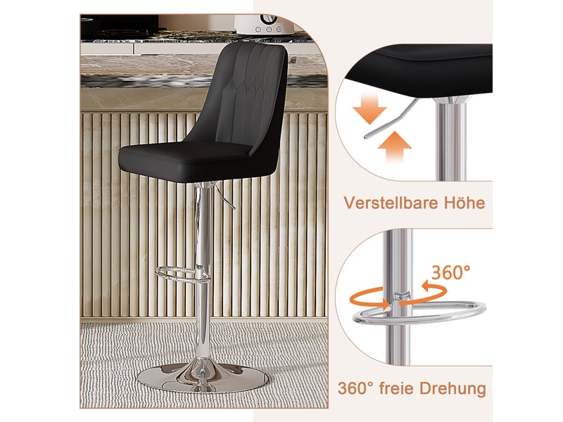  Tabourets de bar lot de 2 réglables 360° - lpospi - dossier capitonné en pu, métal pour îlot - noir et argent  - Conforama E