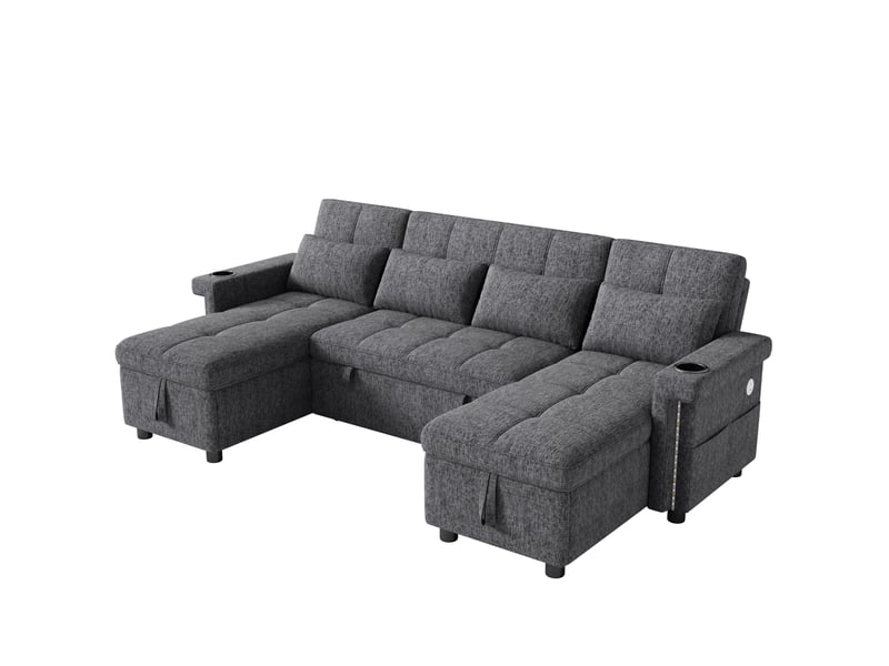  Canapé d'angle convertible 4 places en u 268,5x141,5 cm avec double méridienne avec rangement, led, usb-c et dossier réglable, tissu chenille - gris OPULERANE TRADING LTD - Conforama A