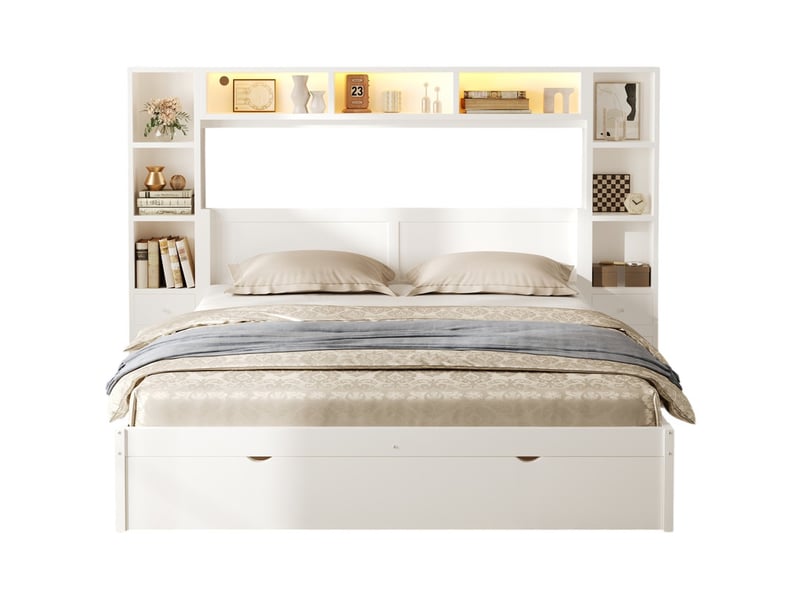  Lit plateforme 140 x 200 cm, tête et pied de lit inclus, 7 tiroirs, plusieurs compartiments de rangement, bandeau led, blanc  - Conforama A